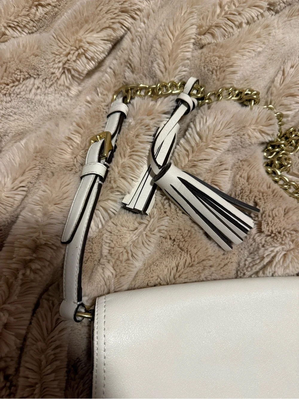 Coach Ivory Leather Crossbody with Gold Chain and Tassel
